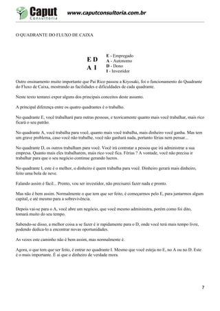 www.caputconsultoria.com.br



O QUADRANTE DO FLUXO DE CAIXA



                                                    E - Empregado
                                         ED         A - Autonomo
                                                    D - Dono
                                         AI         I - Investidor

Outro ensinamento muito importante que Pai Rico passou a Kiyosaki, foi o funcionamento do Quadrante
do Fluxo de Caixa, mostrando as facilidades e dificuldades de cada quadrante.

Neste texto tentarei expor alguns dos principais conceitos deste assunto.

A principal diferença entre os quatro quadrantes é o trabalho.

No quadrante E, você trabalhará para outras pessoas, e teoricamente quanto mais você trabalhar, mais rico
ficará o seu patrão.

No quadrante A, você trabalha para você, quanto mais você trabalha, mais dinheiro você ganha. Mas tem
um grave problema, caso você não trabalhe, você não ganhará nada, portanto férias nem pensar...

No quadrante D, os outros trabalham para você. Você irá contratar a pessoa que irá administrar a sua
empresa. Quanto mais eles trabalharem, mais rico você fica. Férias ? A vontade, você não precisa ir
trabalhar para que o seu negócio continue gerando lucros.

No quadrante I, este é o melhor, o dinheiro é quem trabalha para você. Dinheiro gerará mais dinheiro,
feito uma bola de neve.

Falando assim é fácil... Pronto, vou ser investidor, não precisarei fazer nada e pronto.

Mas não é bem assim. Normalmente o que tem que ser feito, é começarmos pelo E, para juntarmos algum
capital, e até mesmo para a sobrevivência.

Depois vai-se para o A, você abre um negócio, que você mesmo admininstra, porém como foi dito,
tomará muito do seu tempo.

Sabendo-se disso, a melhor coisa a se fazer é ir rapidamente para o D, onde você terá mais tempo livre,
podendo dedica-lo a encontrar novas oportunidades.

As vezes este caminho não é bem assim, mas normalmente é.

Agora, o que tem que ser feito, é entrar no quadrante I. Mesmo que você esteja no E, no A ou no D. Este
é o mais importante. É ai que o dinheiro de verdade mora.




                                                                                                          7
 