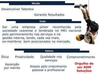 Missão

Desenvolver Talentos
                       Gerando Resultados

                          Visão

Ser uma empresa júnior reconhecida pela
sociedade cearense e lembrada no MEJ nacional
pelo aprimoramento nos serviços e na
gestão interna, tendo, cada vez mais,
ex-membros bem posicionados no mercado.


                              Valores

Ética   Proatividade       Qualidade nos    Comprometimento
                             serviços
 Ascensão                                       Orgulho de
                 Anseio pelo crescimento         ser ADM
 por mérito
                  pessoal e profissional         Soluções
 