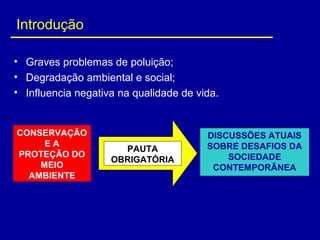 • Graves problemas de poluição;
• Degradação ambiental e social;
• Influencia negativa na qualidade de vida.
CONSERVAÇÃO 
E A
PROTEÇÃO DO
MEIO 
AMBIENTE
PAUTA
OBRIGATÓRIA
DISCUSSÕES ATUAIS 
SOBRE DESAFIOS DA 
SOCIEDADE 
CONTEMPORÂNEA
Introdução
 