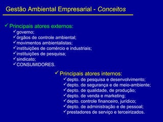 Principais atores externos:
governo;
órgãos de controle ambiental;
movimentos ambientalistas;
instituições de comércio e industriais;
instituições de pesquisa;
sindicato;
CONSUMIDORES.
Principais atores internos:
depto. de pesquisa e desenvolvimento;
depto. de segurança e de meio-ambiente;
depto. de qualidade, de produção;
depto. de venda e marketing;
depto. controle financeiro, jurídico;
depto. de administração e de pessoal;
prestadores de serviço e terceirizados.
Gestão Ambiental Empresarial - Conceitos
 