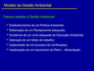  Estabelecimento de um Política Ambiental;
 Elaboração de um Planejamento adequado;
 Existência de um nível adequado de Educação Ambiental;
 Aplicação de um Modo de trabalho;
 Implantação de um processo de Verificações;
 Implantação de um mecanismo de Retro – Alimentação.
FatoresFatores compõe a Gestão AmbientalGestão Ambiental
Modelo de Gestão Ambiental
 
