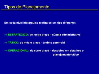 Em cada nível hierárquico realiza-se um tipo diferente:
⇒ ESTRATÉGICO: de longo prazo – cúpula administrativa
⇒ TÁTICO: de médio prazo – âmbito gerencial
⇒ OPERACIONAL: de curto prazo – desdobra em detalhes o
planejamento tático
Tipos de Planejamento
 