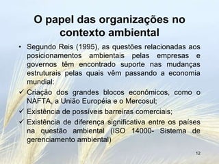 O papel das organizações no
        contexto ambiental
• Segundo Reis (1995), as questões relacionadas aos
  posicionamentos ambientais pelas empresas e
  governos têm encontrado suporte nas mudanças
  estruturais pelas quais vêm passando a economia
  mundial:
 Criação dos grandes blocos econômicos, como o
  NAFTA, a União Européia e o Mercosul;
 Existência de possíveis barreiras comerciais;
 Existência de diferença significativa entre os países
  na questão ambiental (ISO 14000- Sistema de
  gerenciamento ambiental)
                                                     12
 