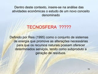 Dentro deste contexto, insere-se na análise das
 atividades econômicas o estudo de um novo conceito
                     denominado


           TECNOSFERA ?????

Definido por Reis (1995) como o conjunto de sistemas
  de energia que promove as alterações necessárias
     para que os recursos naturais possam oferecer
   determinados serviços, tendo como subproduto a
                  geração de resíduos.



                                                   15
 