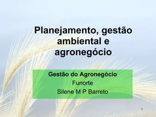 Planejamento, gestão
    ambiental e
    agronegócio

  Gestão do Agronegócio
         Funorte
    Silene M P Barreto

                          1
 