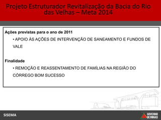 Projeto Estruturador Revitalização da Bacia do Rio
              das Velhas – Meta 2014

Ações previstas para o ano de 2011
    • APOIO ÀS AÇÕES DE INTERVENÇÃO DE SANEAMENTO E FUNDOS DE
    VALE


Finalidade
    • REMOÇÃO E REASSENTAMENTO DE FAMÍLIAS NA REGIÃO DO
    CÓRREGO BOM SUCESSO




SISEMA
 