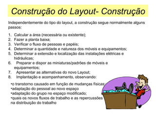 Construção do Layout- Construção
Independentemente do tipo do layout, a construção segue normalmente alguns
passos:
1.
2.
3.
4.
5.

Calcular a área (necessária ou existente);
Fazer a planta baixa;
Verificar o fluxo de pessoas e papéis;
Determinar a quantidade e natureza dos móveis e equipamentos;
Determinar a extensão e localização das instalações elétricas e
hidráulicas;
6. Preparar e dispor as miniaturas/padrões de móveis e
equipamentos;
7. Apresentar as alternativas do novo Layout;
8. Implantação e acompanhamento, observando:
•o transtorno causado em função de mudanças físicas;
•adaptação do pessoal ao novo espaço
•adaptação do grupo no espaço modificado;
•quais os novos fluxos de trabalho e as repercussões
na distribuição do trabalho

 