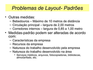 Problemas de Layout- Padrões
• Outras medidas:
– Bebedouros – Máximo de 10 metros de distância
– Circulação principal – largura de 2,00 metros
– Corredores internos – largura de 0,85 a 1,00 metro

• Medidas-padrão podem ser alteradas de acordo
com:
–
–
–
–

Características da empresa
Recursos da empresa
Natureza do trabalho desenvolvido pela empresa
Natureza do trabalho desenvolvido na área
• Serviços médicos, arquivos, fotocopiadoras, bibliotecas,
almoxarifado, etc.

 