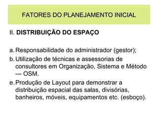 FATORES DO PLANEJAMENTO INICIAL
II. DISTRIBUIÇÃO DO ESPAÇO
a. Responsabilidade do administrador (gestor);
b. Utilização de técnicas e assessorias de
consultores em Organização, Sistema e Método
— OSM.
e. Produção de Layout para demonstrar a
distribuição espacial das salas, divisórias,
banheiros, móveis, equipamentos etc. (esboço).

 