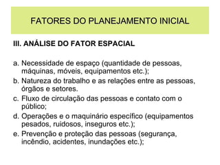 FATORES DO PLANEJAMENTO INICIAL
III. ANÁLISE DO FATOR ESPACIAL
a. Necessidade de espaço (quantidade de pessoas,
máquinas, móveis, equipamentos etc.);
b. Natureza do trabalho e as relações entre as pessoas,
órgãos e setores.
c. Fluxo de circulação das pessoas e contato com o
público;
d. Operações e o maquinário específico (equipamentos
pesados, ruidosos, inseguros etc.);
e. Prevenção e proteção das pessoas (segurança,
incêndio, acidentes, inundações etc.);

 