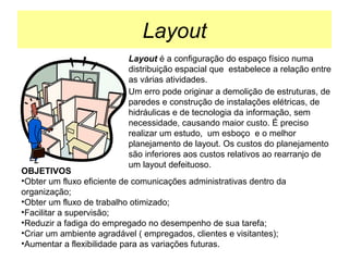 Layout
Layout é a configuração do espaço físico numa
distribuição espacial que estabelece a relação entre
as várias atividades.
Um erro pode originar a demolição de estruturas, de
paredes e construção de instalações elétricas, de
hidráulicas e de tecnologia da informação, sem
necessidade, causando maior custo. É preciso
realizar um estudo, um esboço e o melhor
planejamento de layout. Os custos do planejamento
são inferiores aos custos relativos ao rearranjo de
um layout defeituoso.

OBJETIVOS
•Obter um fluxo eficiente de comunicações administrativas dentro da
organização;
•Obter um fluxo de trabalho otimizado;
•Facilitar a supervisão;
•Reduzir a fadiga do empregado no desempenho de sua tarefa;
•Criar um ambiente agradável ( empregados, clientes e visitantes);
•Aumentar a flexibilidade para as variações futuras.

 
