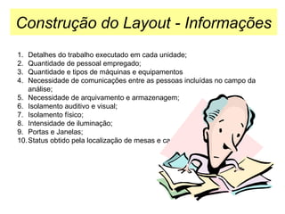 Construção do Layout - Informações
1.
2.
3.
4.

Detalhes do trabalho executado em cada unidade;
Quantidade de pessoal empregado;
Quantidade e tipos de máquinas e equipamentos
Necessidade de comunicações entre as pessoas incluídas no campo da
análise;
5. Necessidade de arquivamento e armazenagem;
6. Isolamento auditivo e visual;
7. Isolamento físico;
8. Intensidade de iluminação;
9. Portas e Janelas;
10. Status obtido pela localização de mesas e cadeiras.

 