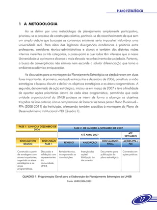 PLANO ESTRATÉGICO


 1 A METODOLOGIA
      Ao se definir por uma metodologia de planejamento amplamente participativo,
 priorizou-se o processo de construção coletiva, partindo-se do reconhecimento de que sem
 um amplo debate que buscasse os consensos existentes seria impossível vislumbrar uma
 universidade real. Para além das legítimas divergências acadêmicas e políticas entre
 professores, servidores técnico-administrativos e alunos e também das distintas visões
 internas inerentes as três categorias, o pressuposto é que todos têm interesse que a nossa
 Universidade se aprimore e alcance o mais elevado reconhecimento da sociedade. Portanto,
 a busca de convergências não elimina nem esconde a salutar diferenciação que torna o
 ambiente acadêmico enriquecedor.

      As discussões para a montagem do Planejamento Estratégico se desdobraram em duas
 fases importantes. A primeira, realizada entre junho e dezembro de 2006, constituiu a visão
 estratégica e buscou discutir e definir os objetivos estratégicos e as áreas programáticas. A
 segunda, denominada de ação estratégica, iniciou-se em março de 2007 e teve a finalidade
 de apontar ações prioritárias dentro de cada área programática, permitindo que cada
 unidade organizacional da UNEB pudesse se inserir de forma a alcançar os objetivos
 traçados na fase anterior, com o compromisso de fornecer as bases para o Plano Plurianual –
 PPA (2008-2011) da Instituição, oferecendo também subsídios à montagem do Plano de
 Desenvolvimento Institucional - PDI (Quadro 1).



 FASE 1: JUNHO A DEZEMBRO DE
                                                     FASE 2: DE JANEIRO A SETEMBRO DE 2007
             2006
                                                                                                    ATÉ
                                                          ATÉ ABRIL 2007
                                                                                                 SETEMBRO

  DOCUMENTO            DISCUSSÃO                                            DOCUMENTO           AÇÕES PPA /
                                           REVISÃO         VALIDAÇÃO
    BÁSICO               FASE 1                                                FINAL               PDI


Construído a partir   Discussão e      Revisão técnica,   Inserção das     Documento para       Conversão em
de sondagens com      validação com    incorporando as    ações/           publicação do        ações práticas.
atores importantes,   representantes   contribuições.     Validação do     plano estratégico.
sugerindo os eixos    da                                  documento.
estratégicos e as     comunidade
áreas                 UNEB.
programáticas.


    QUADRO 1: Programação Geral para a Elaboração do Planejamento Estratégico da UNEB
                                              Fonte: UNEB 2006/2007.




                                                                                                                  17
 