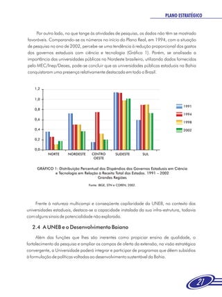 PLANO ESTRATÉGICO


     Por outro lado, no que tange às atividades de pesquisa, os dados não têm se mostrado
favoráveis. Comparando-se os números no início do Plano Real, em 1994, com a situação
de pesquisa no ano de 2002, percebe-se uma tendência à redução proporcional dos gastos
dos governos estaduais com ciência e tecnologia (Gráfico 1). Porém, se analisada a
importância das universidades públicas no Nordeste brasileiro, utilizando dados fornecidos
pelo MEC/Inep/Deaes, pode-se concluir que as universidades públicas estaduais na Bahia
conquistaram uma presença relativamente destacada em todo o Brasil.


    1,2


    1,0

                                                                                     1991
    0,8
                                                                                     1994
    0,6
                                                                                     1998

    0,4                                                                              2002

    0,2

    0,0
           NORTE      NORDESTE     CENTRO         SUDESTE          SUL
                                    OESTE


     GRÁFICO 1: Distribuição Percentual dos Dispêndios dos Governos Estaduais em Ciência
             e Tecnologia em Relação à Receita Total dos Estados. 1991 – 2002
                                      Grandes Regiões
                                 Fonte: IBGE, STN e COREN, 2002.




     Frente à natureza multicampi e conseqüente capilaridade da UNEB, no contexto das
universidades estaduais, destaca-se a capacidade instalada da sua infra-estrutura, todavia
com alguns sinais de potencialidade não explorada.

   2.4 A UNEB e o Desenvolvimento Baiano
     Além das funções que lhes são inerentes como propiciar ensino de qualidade, o
fortalecimento da pesquisa e ampliar os campos de oferta da extensão, na visão estratégica
convergente, a Universidade poderá integrar e participar de programas que dêem subsídios
à formulação de políticas voltadas ao desenvolvimento sustentável da Bahia.




                                                                                             21
 