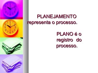 PPLLAANNEEJJAAMMEENNTTOO 
rreepprreesseennttaa oo pprroocceessssoo.. 
PPLLAANNOO éé oo 
rreeggiissttrroo ddoo 
pprroocceessssoo.. 
 