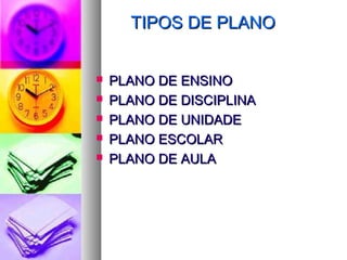 TTIIPPOOSS DDEE PPLLAANNOO 
 PPLLAANNOO DDEE EENNSSIINNOO 
 PPLLAANNOO DDEE DDIISSCCIIPPLLIINNAA 
 PPLLAANNOO DDEE UUNNIIDDAADDEE 
 PPLLAANNOO EESSCCOOLLAARR 
 PPLLAANNOO DDEE AAUULLAA 
 