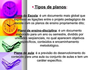 ·..TTiippooss ddee ppllaannooss:: 
PPllaannoo ddaa EEssccoollaa:: éé uumm ddooccuummeennttoo mmaaiiss gglloobbaall qquuee 
eexxpprreessssaa aass lliiggaaççõõeess eennttrree oo pprroojjeettoo ppeeddaaggóóggiiccoo ddaa 
eessccoollaa ccoomm ooss ppllaannooss ddee eennssiinnoo pprroopprriiaammeennttee ddiittoo;; 
PPllaannoo ddee eennssiinnoo-ddiisscciipplliinnaa:: éé uumm ddooccuummeennttoo 
eellaabboorraaddoo ppaarraa uumm aannoo oouu sseemmeessttrree,, ddiivviiddiiddoo ppoorr 
uunniiddaaddeess sseeqqüüeenncciiaaiiss,, nnoo qquuaall aappaarreecceemm oobbjjeettiivvooss 
eessppeeccííffiiccooss,, ccoonntteeúúddooss ee eennccaammiinnhhaammeennttoo 
mmeettooddoollóóggiiccoo.. 
PPllaannoo ddee aauullaa:: éé aa pprreevviissããoo ddoo ddeesseennvvoollvviimmeennttoo ddoo 
ccoonntteeúúddoo ppaarraa uummaa aauullaa oouu ccoonnjjuunnttoo ddee aauullaass ee tteemm uumm 
ccaarráátteerr eessppeeccííffiiccoo.. 
 