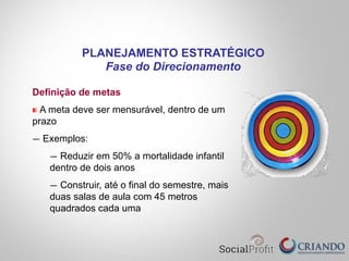 Definição de metas
"  A meta deve ser mensurável, dentro de um
prazo
—  Exemplos:
—  Reduzir em 50% a mortalidade infantil
dentro de dois anos
—  Construir, até o final do semestre, mais
duas salas de aula com 45 metros
quadrados cada uma
PLANEJAMENTO ESTRATÉGICO
Fase do Direcionamento
 