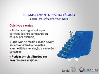 Objetivos e metas
"   Podem ser organizados por
períodos (planos semestrais ou
anuais, por exemplo)
"   Objetivos de médio e longo devem
ser acompanhados de metas
intermediárias (avaliação e correção
de curso)
"   Podem ser distribuídos em
programas e projetos
PLANEJAMENTO ESTRATÉGICO
Fase do Direcionamento
 