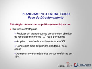 Estratégia: como criar na prática (exemplo) – cont.
" Diretrizes estratégicas
" Realizar um grande evento por ano com objetivo
de resultado mínimo de “X” reais por evento
" Ampliar o quadro de mantenedores em X%
" Conquistar mais 10 grandes doadores “pela
causa”
" Aumentar o valor médio dos cursos e oficinas em
15%
PLANEJAMENTO ESTRATÉGICO
Fase do Direcionamento
 