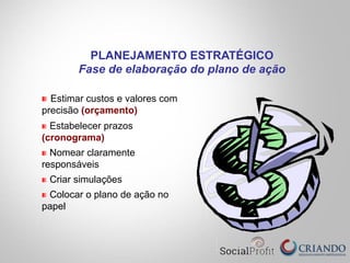 " Estimar custos e valores com
precisão (orçamento)
" Estabelecer prazos
(cronograma)
" Nomear claramente
responsáveis
" Criar simulações
" Colocar o plano de ação no
papel
PLANEJAMENTO ESTRATÉGICO
Fase de elaboração do plano de ação
 