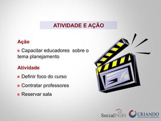 Ação
" Capacitar educadores sobre o
tema planejamento
Atividade
" Definir foco do curso
" Contratar professores
" Reservar sala
ATIVIDADE E AÇÃO
 