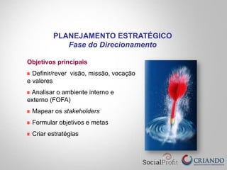 Objetivos principais
" Definir/rever visão, missão, vocação
e valores
" Analisar o ambiente interno e
externo (FOFA)
" Mapear os stakeholders
" Formular objetivos e metas
" Criar estratégias
PLANEJAMENTO ESTRATÉGICO
Fase do Direcionamento
 