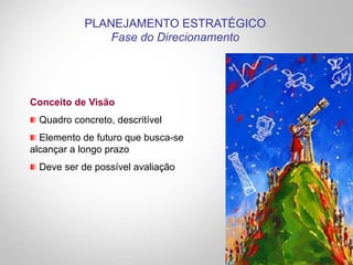 Conceito de Visão
" Quadro concreto, descritível
" Elemento de futuro que busca-se
alcançar a longo prazo
" Deve ser de possível avaliação
PLANEJAMENTO ESTRATÉGICO
Fase do Direcionamento
 
