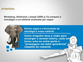 ESTRATÉGIA
Mintzberg; Ahlstrand; Lampel (2000 p.13) compara a
estratégia a um elefante analisado por cegos:
Somos cegos e a formulação de
estratégia é nosso elefante.
Como ninguém teve a visão para
enxergar o animal inteiro, cada um
tocou uma ou outra parte e
“prosseguiu em total ignorância” a
respeito do restante.
 