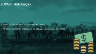 1- VENDAS DO SISTEMA: 12 ao ano. 1 por mês – R$ 3.000,00
2- VISITAS NA PLATAFORMA: 90.000 ao mês (R$ 0,06 cpc médio estimado) – R$ 5.400,00
BUDGET: distribuição
 