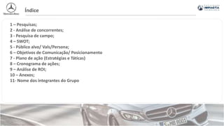 Índice
1 – Pesquisas;
2 - Análise de concorrentes;
3 - Pesquisa de campo;
4 – SWOT;
5 - Público alvo/ Vals/Persona;
6 – Objetivos de Comunicação/ Posicionamento
7 - Plano de ação (Estratégias e Táticas)
8 – Cronograma de ações;
9 – Análise de ROI;
10 – Anexos;
11- Nome dos integrantes do Grupo
 