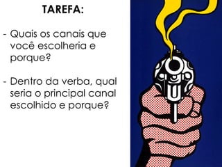 TAREFA:
- Quais os canais que
você escolheria e
porque?
- Dentro da verba, qual
seria o principal canal
escolhido e porque?
 