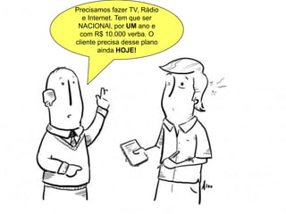 Precisamos fazer TV, Rádio
e Internet. Tem que ser
NACIONAl, por UM ano e
com R$ 10.000 verba. O
cliente precisa desse plano
ainda HOJE!
 