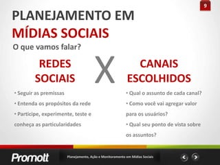 9PLANEJAMENTO EMMÍDIAS SOCIAISO quevamosfalar?XREDES SOCIAISCANAIS ESCOLHIDOS Seguir as premissas