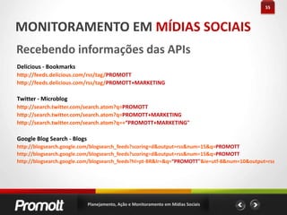 33AÇÃO EM MÍDIAS SOCIAIS#dicas Ning Usado como rede de relacionamento Incentive os usuários a participarem… Como??? Utilize o blog interno para postar informações exclusivas Cadastre vídeos postados por outros usuários do YouTube e Vimeo Crie grupos alinhados às vertentes de seu negócio Inicie discussões Faça promoções exclusivas para os usuários desta redePlanejamento, Ação e Monitoramento em Mídias Sociais