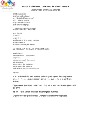 IGREJA DO EVANGELHO QUADRANGULAR DE NOVA BRASILIA
MINISTÉRIO DE CRIANÇAS E JUNIORES
10.1 Brincadeiras
10.2 Louvor (corinhos)
10.3 História Bíblica (apelo)
10.4 Trabalho manual
10.5 Lanche na salinha
10.6 Retorno à Igreja
11. ENCERRAMENTO DIÁRIO
11.1 Cânticos
11.2 Tema
11.4 Avisos
11.5 Concurso de presença e visitas
11.6 Hino Oficial
11.7 Saída em fila, por classes
12. PROGRAMA DO DIA DO ENCERRAMENTO
12.1 Cânticos
12.2 Palavra do Coordenador
12.3 Tema
12.4 Apresentação das classes
12.5 Cânticos
12.6 Entrega dos diplomas
12.7 Entrega dos prêmios
12.8 História bíblica com aplicação
Visitas:
1 vez no mês visitar uma vovó ou vovô da igreja e pedir para os juniores
dirigem o louvor e depois passem para a vovó que conte as experiências
vividas.
Sugestão de lembrança deste culto: Um porta óculos marcado em ponto cruz
ou feltro.
15 em 15 dias visitas nos lares das crianças e Juniores.
Dependendo da quantidade de Crianças dividirem em dois grupos.
 