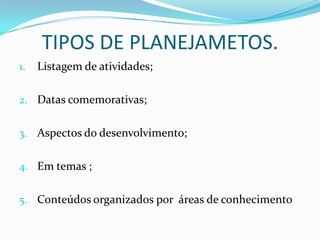 TIPOS DE PLANEJAMETOS.
1.   Listagem de atividades;

2. Datas comemorativas;


3. Aspectos do desenvolvimento;


4. Em temas ;


5. Conteúdos organizados por áreas de conhecimento
 