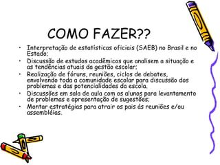 COMO FAZER??
• Interpretação de estatísticas oficiais (SAEB) no Brasil e no
Estado;
• Discussão de estudos acadêmicos que analisem a situação e
as tendências atuais da gestão escolar;
• Realização de fóruns, reuniões, ciclos de debates,
envolvendo toda a comunidade escolar para discussão dos
problemas e das potencialidades da escola.
• Discussões em sala de aula com os alunos para levantamento
de problemas e apresentação de sugestões;
• Montar estratégias para atrair os pais ás reuniões e/ou
assembléias.
 
