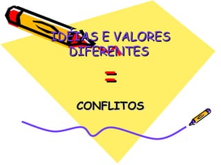 IDÉIAS E VALORESIDÉIAS E VALORES
DIFERENTESDIFERENTES
==
CONFLITOSCONFLITOS
 