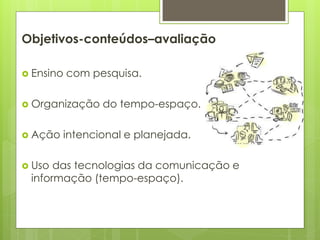 Objetivos-conteúdos–avaliação
 Ensino com pesquisa.
 Organização do tempo-espaço.
 Ação intencional e planejada.
 Uso das tecnologias da comunicação e
informação (tempo-espaço).
 