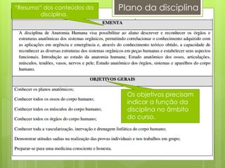 Os objetivos precisam
indicar a função da
disciplina no âmbito
do curso.
“Resumo” dos conteúdos da
disciplina.
Plano da disciplina
 