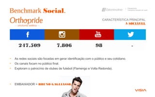 Benchmark Social.
Planejamento
Campanha Geração de Leads
• As redes sociais são focadas em gerar identificação com o público e seu cotidiano.
• Os canais focam no público final.
• Exploram o patrocínio de clubes de futebol (Flamengo e Volta Redonda).
• EMBAIXADOR > BRUNO GAGLIASSO.
247.509 7.806 98 -
CARACTERÍSTICA PRINCIPAL
A SOCIÁVEL
 