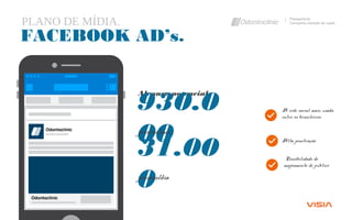 PLANO DE MÍDIA. Planejamento
Campanha Geração de Leads
FACEBOOK AD’s.
Alcance potencial:
930.0
00pessoas/mês
31.00
0pessoas/dia
A rede social mais usada
entre os brasileiros
Alta penetração
Possibilidade de
mapeamento de público
 