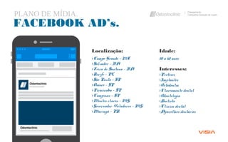 PLANO DE MÍDIA. Planejamento
Campanha Geração de Leads
FACEBOOK AD’s.
Localização:
›Campo Grande – MT
›Salvador – BA
›Feira de Santana – BA
›Recife – PE
›São Paulo – SP
›Osasco – SP
›Piracicaba – SP
›Campinas – SP
›Montes claros – MG
›Governador Valadares – MG
›Maringá - PR
Idade:
20 a 60 anos
Interesses:
›Próteses
›Implantes
›Ortodontia
›Clareamento dental
›Odontologia
›Dentista
›Clínica dental
›Aparelhos dentários
 