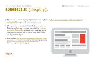 PLANO DE MÍDIA. Planejamento
Campanha Geração de Leads
GOOGLE (Display).
› Os anúncios na rede de display do Google aparecem em forma de Banners em canais segmentados de acordo com o
perfil do público segmentado na criação campanha.
› Ao segmentarmos “saúde, dentistas, odontologia” aos nossos
tópicos, permitimos que o anúncio seja exibido em qualquer
website na Rede de Display, ou em outro canal que inclua
conteúdo relacionado a esse ou outros temas semelhantes
com disposição a cliques.
› Utilizaremos call-to-action nas peças gráficas para atrair
ainda mais o usuário no momento da impressão do banner e
direcioná-lo para a Landing page.
 