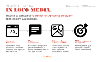 PLANO DE MÍDIA. Planejamento
Campanha Geração de Leads
IN LOCO MEDIA.
Impacto da campanha via banner nos Aplicativos do usuário
com base em sua localidade.
Anúncios
Interativos
Campanhas com o
máximo da capacidade
do mobile, com o padrão
Rich Media 2.0
Push
Notifications
Não precisa ter aplicativo
próprio instalado – a In
Loco é parceira de mais de
500 apps no Brasil.
Métrica exclusiva
de visitas ao PDV
Saiba quantas pessoas
foram aos pontos de
venda depois de
visualizarem o anúncio.
Melhor engajamento
do mercado
Alcance pessoas que
visitaram pontos de
vendas recentemente
 