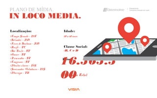 PLANO DE MÍDIA. Planejamento
Campanha Geração de Leads
IN LOCO MEDIA.
Localização:
›Campo Grande – MT
›Salvador – BA
›Feira de Santana – BA
›Recife – PE
›São Paulo – SP
›Osasco – SP
›Piracicaba – SP
›Campinas – SP
›Montes claros – MG
›Governador Valadares – MG
›Maringá - PR
Idade:
20 a 60 anos
Classe Social:
›B, C e D
Total:
16.565.5
00Audiência Total
 