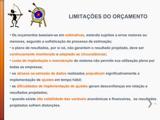 14
• Os orçamentos baseiam-se em estimativas, estando sujeitos a erros maiores ou
menores, segundo a sofisticação do processo de estimação;
• o plano de resultados, por si só, não garantem o resultado projetado, deve ser
continuamente monitorado e adaptado as circunstâncias;
• custo de implantação e manutenção do sistema não permite sua utilização plena por
todas as empresas;
• os atrasos na emissão de dados realizados prejudicam significativamente a
implementação de ajustes em tempo hábil;
• as dificuldades de implementação de ajustes geram desconfianças em relação a
resultados projetados;
• quando existe alta volatilidade das variáveis econômicas e financeiras, os resultados
projetados sofrem distorções.
LIMITAÇÕES DO ORÇAMENTO
 
