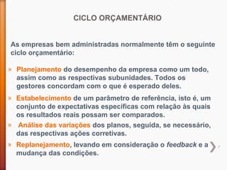 7
As empresas bem administradas normalmente têm o seguinte
ciclo orçamentário:
» Planejamento do desempenho da empresa como um todo,
assim como as respectivas subunidades. Todos os
gestores concordam com o que é esperado deles.
» Estabelecimento de um parâmetro de referência, isto é, um
conjunto de expectativas específicas com relação às quais
os resultados reais possam ser comparados.
» Análise das variações dos planos, seguida, se necessário,
das respectivas ações corretivas.
» Replanejamento, levando em consideração o feedback e a
mudança das condições.
CICLO ORÇAMENTÁRIO
 