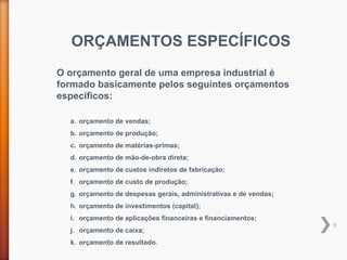 9
ORÇAMENTOS ESPECÍFICOS
O orçamento geral de uma empresa industrial é
formado basicamente pelos seguintes orçamentos
específicos:
a. orçamento de vendas;
b. orçamento de produção;
c. orçamento de matérias-primas;
d. orçamento de mão-de-obra direta;
e. orçamento de custos indiretos de fabricação;
f. orçamento de custo de produção;
g. orçamento de despesas gerais, administrativas e de vendas;
h. orçamento de investimentos (capital);
i. orçamento de aplicações financeiras e financiamentos;
j. orçamento de caixa;
k. orçamento de resultado.
 
